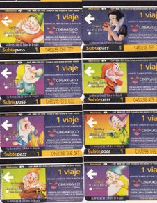Collezionismo Figurine antiche: Blancanieves Disney: serie completa 8 billetes tren urbano Buenos Aires (ticket Metro, subte) - CLC